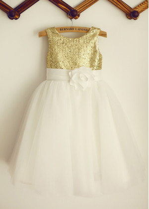 Gold Sequin Ivory Tulle Knee Length Lovely Flower Girl Dress
